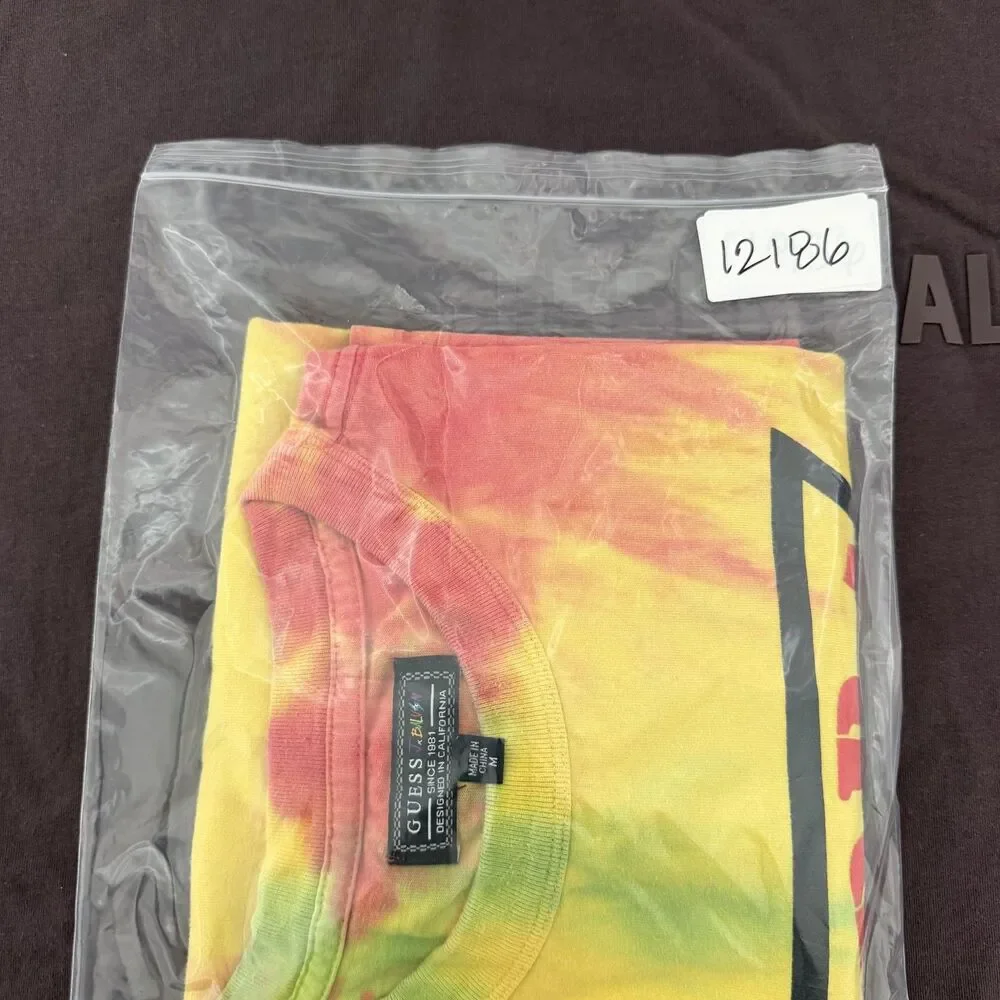 Guess J Balvin Shirt Mens Medium Yellow Vibras Triangle Tie Dye Graphic Tee - Picture 9 of 9